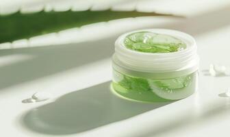 Close-up of a blank jar mockup filled with aloe vera gel, beauty in nature, skin care routine photo