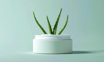 Close-up of a blank pump bottle mockup filled with aloe vera serum, beauty in nature, skin care and beauty photo