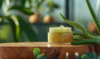 Close-up of a blank jar mockup filled with aloe vera gel, beauty in nature, skin care routine photo