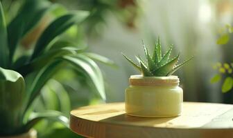 Close-up of a blank jar mockup filled with aloe vera gel, beauty in nature, skin care routine photo