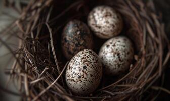 Close-up of a nest with speckled eggs photo