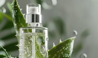 Close-up of a blank pump bottle mockup filled with aloe vera serum, beauty in nature, skin care and beauty photo