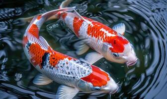 Close-up of a pair of koi fish swimming in a pond photo