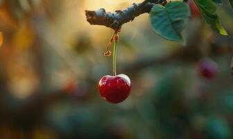 Close-up of a single ripe cherry hanging from a tree branch photo