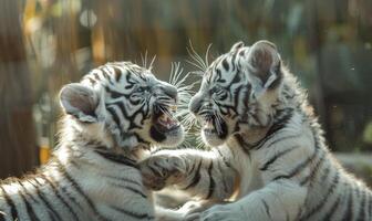 Close-up of a white tiger cubs paying together photo