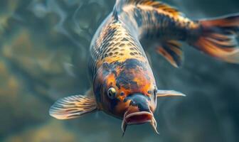 Close-up of a koi fish gliding through the clear waters of a pond photo