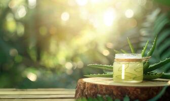 Close-up of a blank jar mockup filled with aloe vera gel, beauty in nature, skin care routine photo