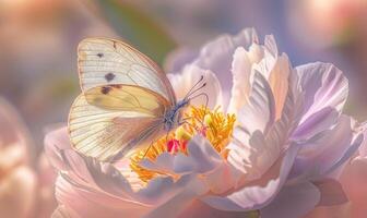 de cerca de un peonía flor con un mariposa descansando en sus pétalos foto