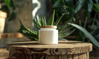 Close-up of a blank jar mockup filled with aloe vera gel, beauty in nature, skin care routine photo