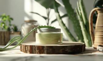 Close-up of a blank jar mockup filled with aloe vera gel, beauty in nature, skin care routine photo