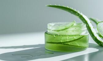 Close-up of a blank jar mockup filled with aloe vera gel, beauty in nature, skin care routine photo