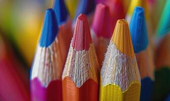 Close-up of a bunch of colored pencils, abstract background with colored pencils macro view photo