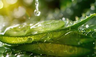 Close-up of cuted aloe vera leaf and water photo