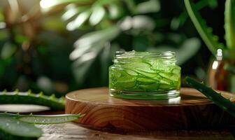 Close-up of a blank jar mockup filled with aloe vera gel, beauty in nature, skin care routine photo