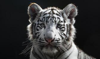 Close-up of a white tiger cub playing under studio lights photo