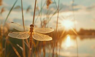 Close-up of a dragonfly perched on a reed photo