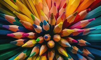 An overhead shot of colored pencils arranged in a pattern, abstract background with colored pencils photo