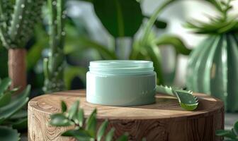 Close-up of a blank jar mockup filled with aloe vera gel, beauty in nature, skin care routine photo