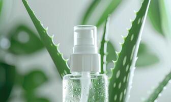 Close-up of a blank pump bottle mockup filled with aloe vera serum, beauty in nature, skin care and beauty photo