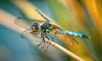 Close-up of a dragonfly perched on a reed photo