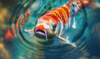 Close-up of colorful koi fish swimming in the clear waters of a spring lake photo