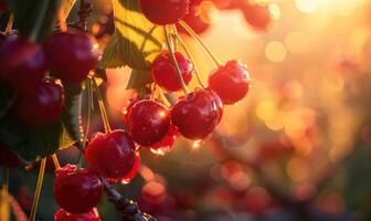 Close-up of a cluster of ripe cherries glistening in the sunlight photo