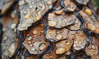 Close-up of cedar bark with raindrops clinging to its textured surface photo