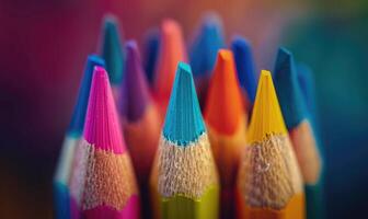 Close-up of a bunch of colored pencils, abstract background with colored pencils macro view photo