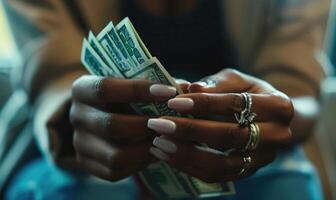 Close-up of a businesswoman's hands counting money photo