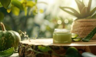 Close-up of a blank jar mockup filled with aloe vera gel, beauty in nature, skin care routine photo