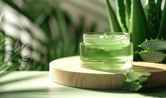 Close-up of a blank jar mockup filled with aloe vera gel, beauty in nature, skin care routine photo