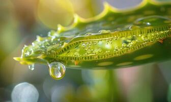 Close-up of a freshly cut aloe vera leaf oozing with gel photo