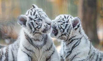 Close-up of a white tiger cubs paying together photo