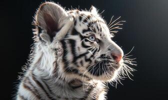 Close-up of a white tiger cub playing under studio lights photo