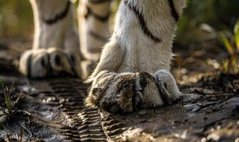 de cerca de un blanco de tigre pata dejando huellas dactilares en el suave tierra foto