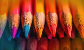 Close-up of a bunch of colored pencils, abstract background with colored pencils macro view photo