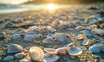 Close-up of seashells scattered along the sandy shore photo