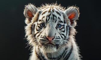 Close-up of a white tiger cub playing under studio lights photo