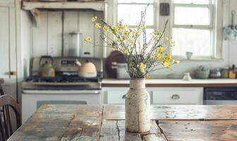 An old farmhouse kitchen with a simple enamel vase with yellow wild flowers photo