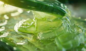 Close-up of aloe vera gel being extracted and blended with botanical oils and essences photo