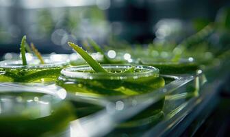 Close-up of aloe vera leaves in a laboratory setting photo