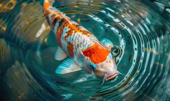 de cerca de vistoso koi pescado nadando en el claro aguas de un primavera lago foto