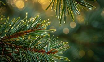 Close-up of pine needles covered in morning dew photo