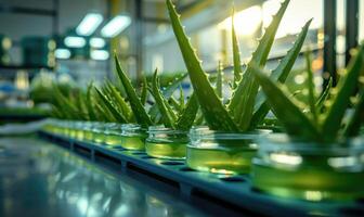 Close-up of aloe vera leaves in a laboratory setting photo