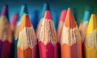 Close-up of a bunch of colored pencils, abstract background with colored pencils macro view photo