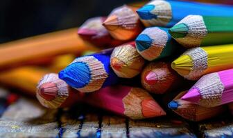 Close-up of a bunch of colored pencils, abstract background with colored pencils macro view photo