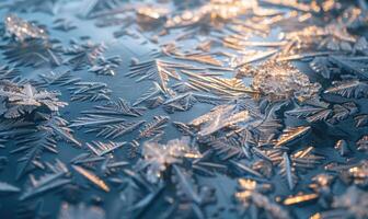 Close-up of icy patterns forming on the surface of a frozen lake photo