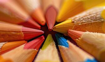 Close-up of a bunch of colored pencils, abstract background with colored pencils macro view photo