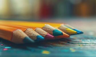 Close-up of a bunch of colored pencils, abstract background with colored pencils macro view photo