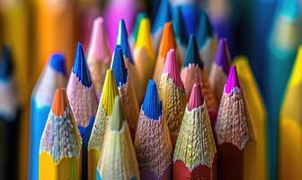 Close-up of a bunch of colored pencils, abstract background with colored pencils macro view photo